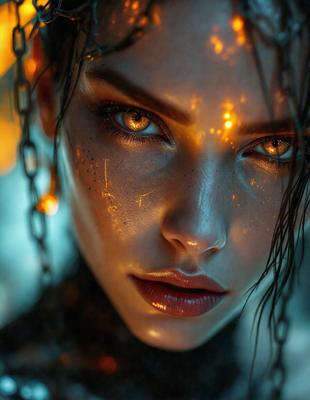 The primary subject of the image is a woman with a unique and striking appearance. She has a chain around her neck and her eyes are described as "evil" or "creepy." The setting appears to be a dark room, and the visual style is a close-up of the woman's face. The colors in the image are predominantly dark, with the woman's eyes being the most noticeable feature. The overall atmosphere of the image is mysterious and intriguing.